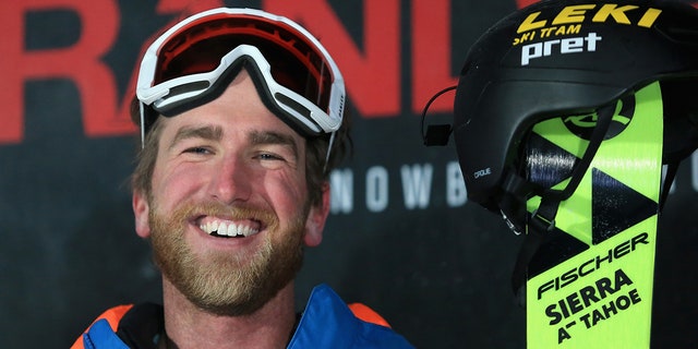 Kyle Smaine looks on from the podium after finishing in first place in the final round of the FIS Freeski World Cup 2018 Men's Ski Halfpipe during the Toyota U.S. Grand Prix on Jan, 19, 2018, in Mammoth, California. 