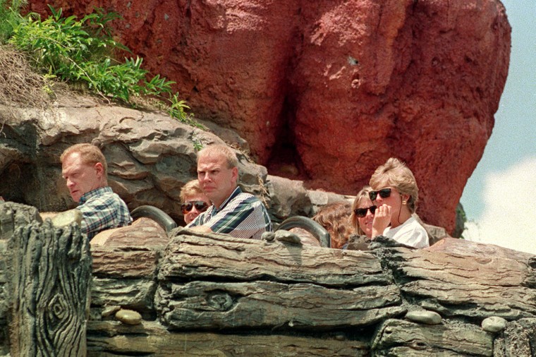 Princess Diana riding Splash Mountain at Disney's Magic Kingdom in 1993.