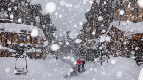 Heavy snow falls in Mammoth Lakes, California, on Monday.