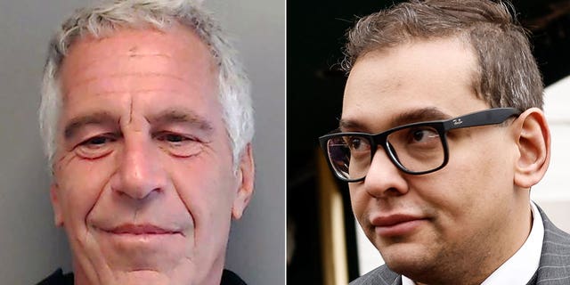 Jeffrey Epstein mugshot (left). Rep. George Santos leaves a GOP caucus meeting on Capitol Hill on January 25, 2023 in Washington, DC. (right)
