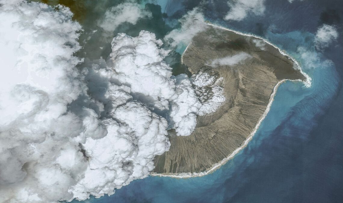 An image of the aftermath of the explosive eruption of the Hunga Tonga-Hunga Ha
