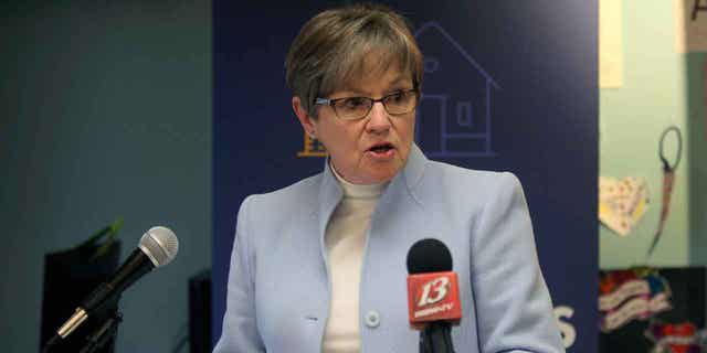 Kansas Gov. Laura Kelly speaks during a news conference about her proposals for cutting taxes, on Jan. 23, 2023, in Topeka, Kansas. The Democratic governor is preparing to give the annual State of the State address tonight.