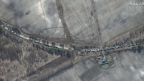 Satellite images show the long Russian convoy of tanks and armored vehicles that stalled on the outskirts of Kyiv, in the early days of the invasion in February last year.  