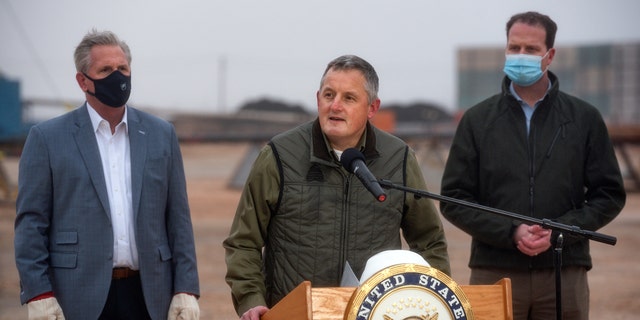 House Natural Resources Chairman Bruce Westerman, R-Ark., speaks alongside House Speaker Kevin McCarthy, R-Calif., and Rep. August Pfluger, R-Texas, on Feb. 10, 2021, in Midland, Texas.