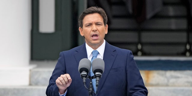 Florida Gov. Ron DeSantis is seen speaking during an inauguration ceremony on Jan. 3, 2023, in Tallahassee. The state legislature this week will consider expanding DeSantis' migrant flight program. 