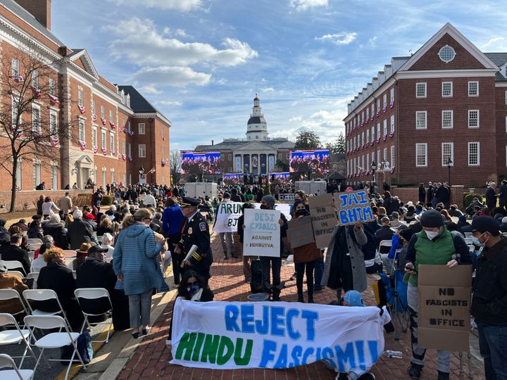 A coalition of activists and voters protested Aruna Miller during her inauguration last January.