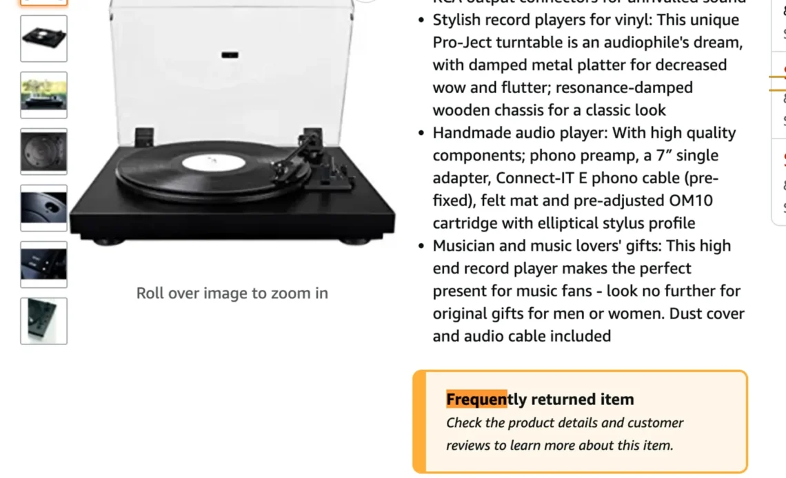 An Amazon product page for a record player with an orange and yellow
