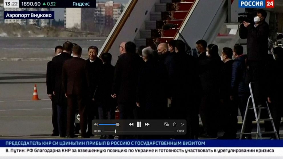 PHOTO: In this grab taken from video provided by RU-24, China's President Xi Jinping disembarks his plane, upon his arrival at the Vnukovo-2 government airport outside Moscow, Monday, March 20, 2023.
