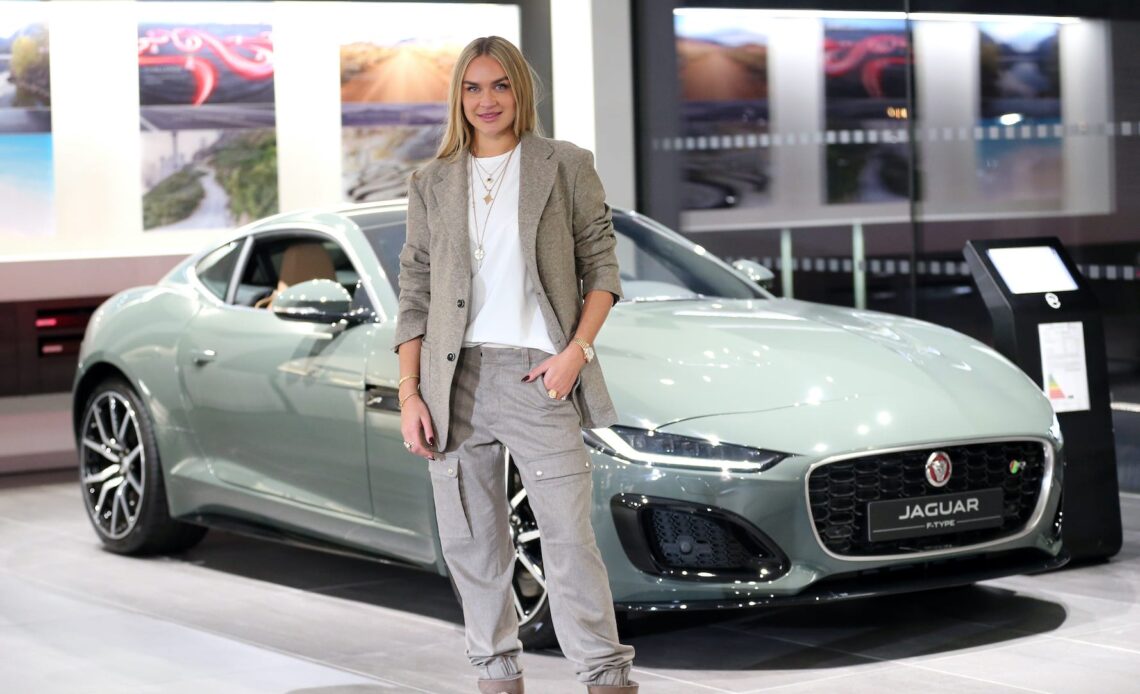Nina Suess at the Jaguar F-Type in a special colour theme during the Jaguar Land Rover presentation Special Vehicle Operations ( "Das neue Luxus-Zeitalter) and panel discussion on November 30, 2021 at Jaguar Land Rover dealer shop in Munich, Germany.