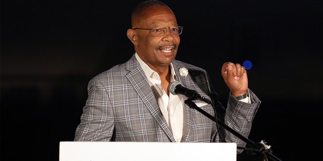 California Assembly Member Reggie Jones-Sawyer, a Democrat, speaking during the Los Angeles County Democratic Party election night drive-in watch party at the LA Zoo parking lot on Nov. 3, 2020.