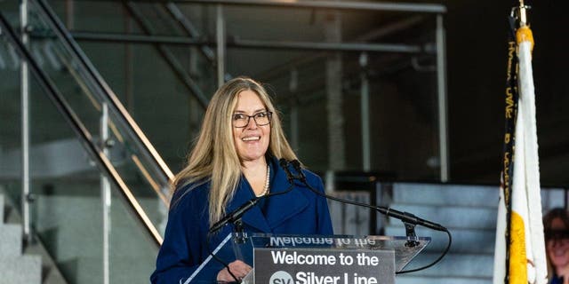 Rep. Jennifer Wexton speaks during a celebration of the opening of a new Metro station at Dulles International Airport in Dulles, Virginia.