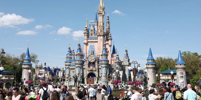 A crowd in front of the castle at Disney World, which is at war with DeSantis