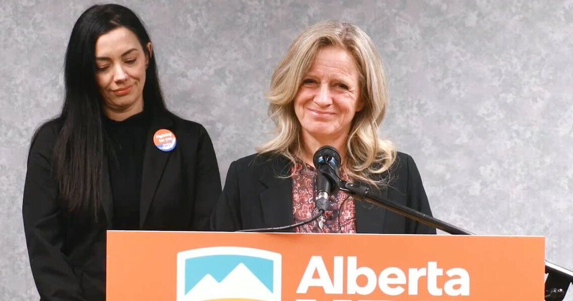 Alberta Opposition Leader and former premier Rachel Notley with the NDP’s Peace River candidate, Liana Paiva, during a news conference in Grande Prairie on April 13.