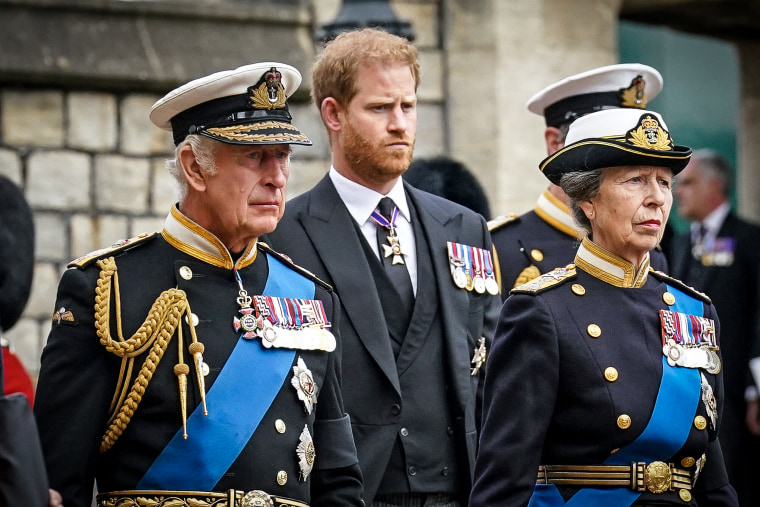 King Charles III, Prince Harry, Duke of Sussex and Princess Anne, Princess Royal at Windsor Castle on Sept. 19, 2022 in Windsor, England.