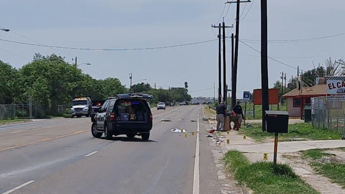 Police work at the scene after a driver crashed into several people in Brownsville, Texas, on May 7, 2023. / Credit: MOISES AVILA/AFP via Getty Images