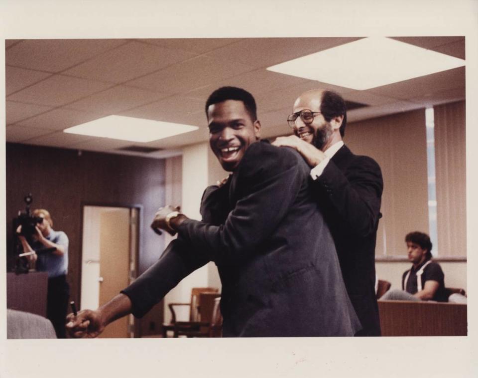 Luther Campbell, left, leader of the rap group 2 Live Crew, and lawyer Bruce Rogow, right, after the verdict.