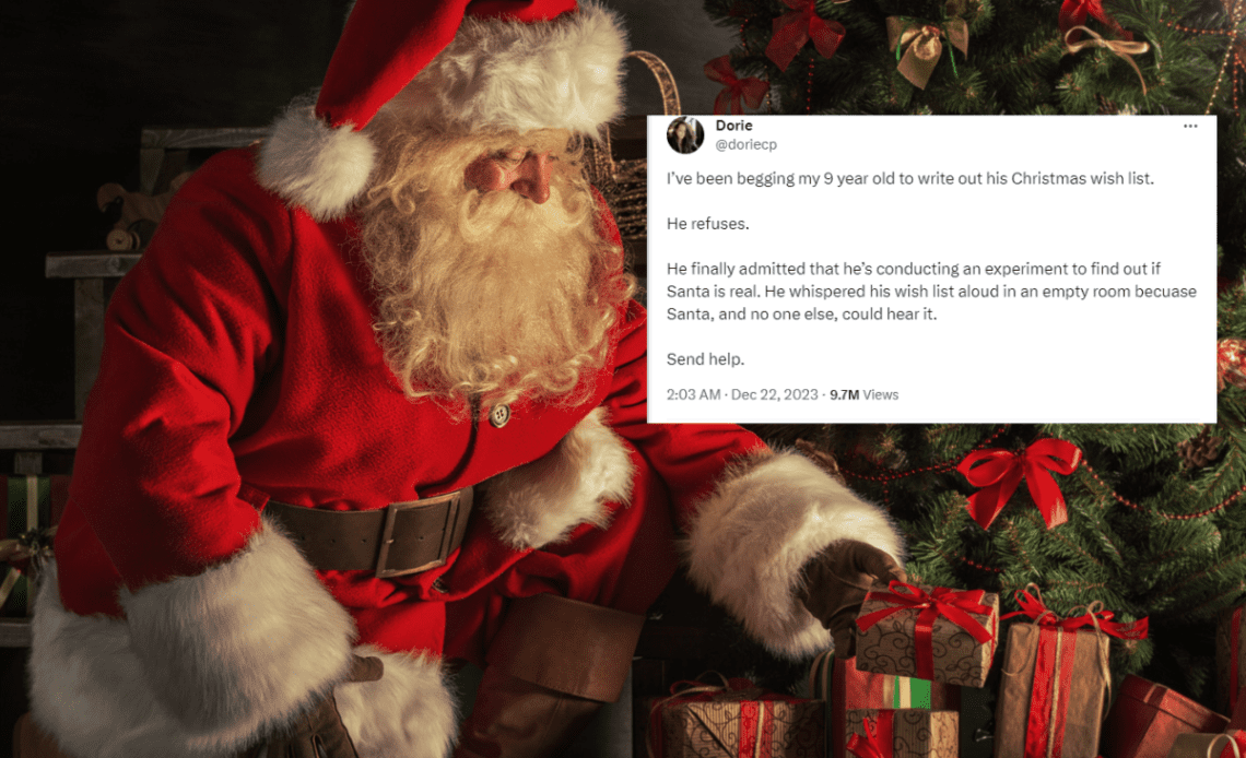 Santa putting a present down.
