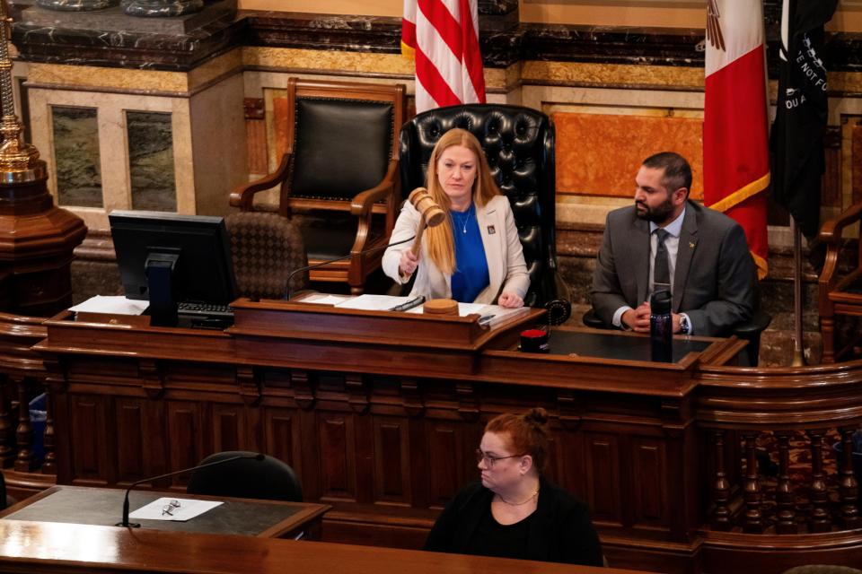 Senate President Amy Sinclair brings the Iowa Senate to order Monday, Jan. 8, 2024, at the Iowa State Capitol.