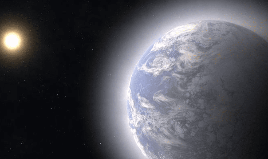 A super-Earth in the foreground with a hazy white glow around it. In the background, a star.