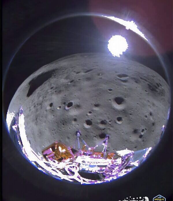 This image provided by Intuitive Machines shows its Odysseus lunar lander which captured this image approximately 35 seconds after pitching over during its approach to the landing site. (Intuitive Machines via AP)