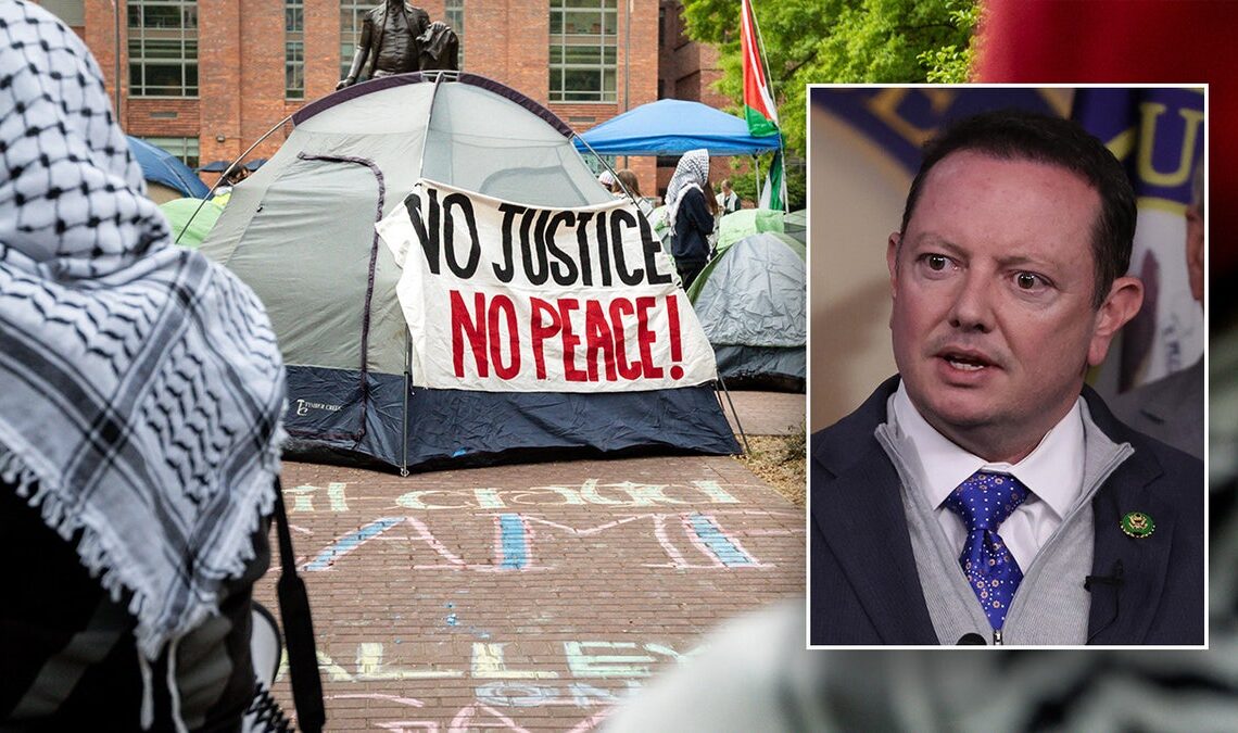 An inset of Rep. Eric Burlison over a scene from the Columbia University tent encampment. The tent in the picture says "No Justice, No Peace!"
