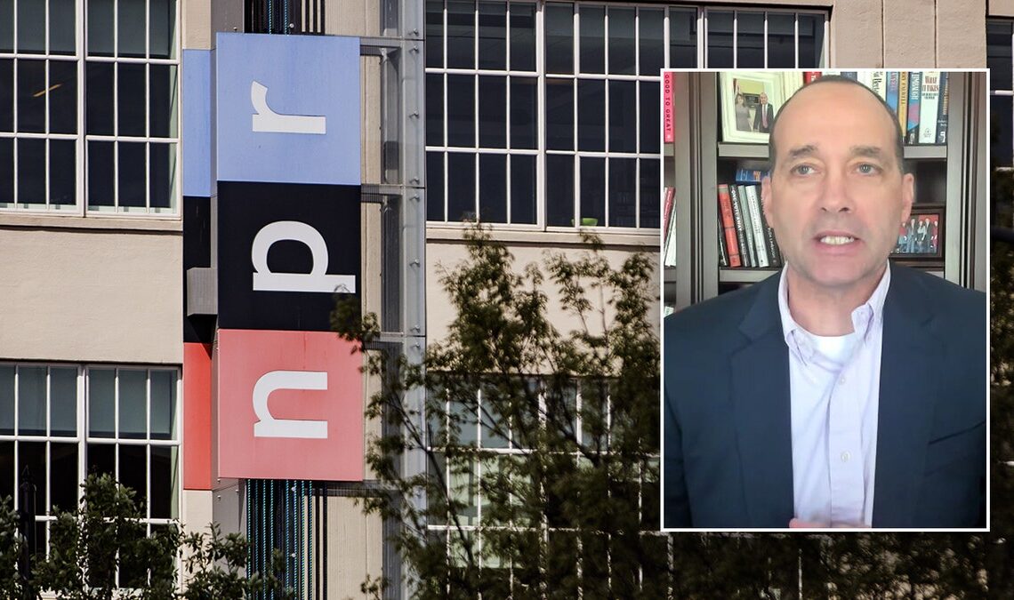 An inset image of House Freedom Caucus Chairman Bob Good over an image of NPR headquarters