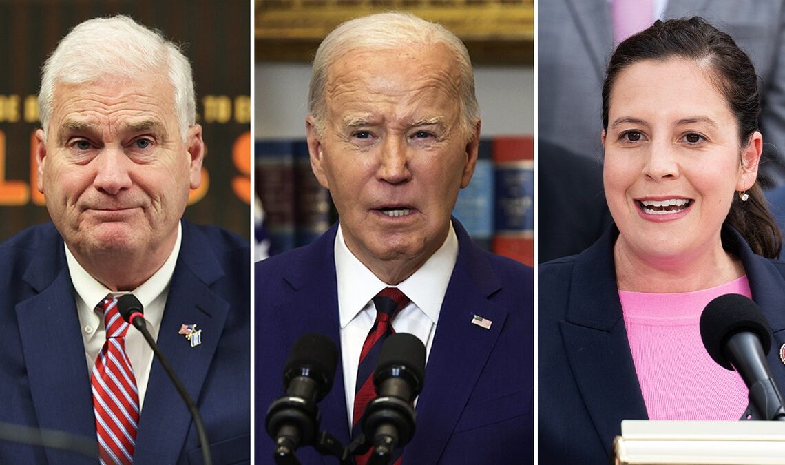 A three-way split image of House Majority Whip Tom Emmer, President Biden, and House GOP Conference Chair Elise Stefanik