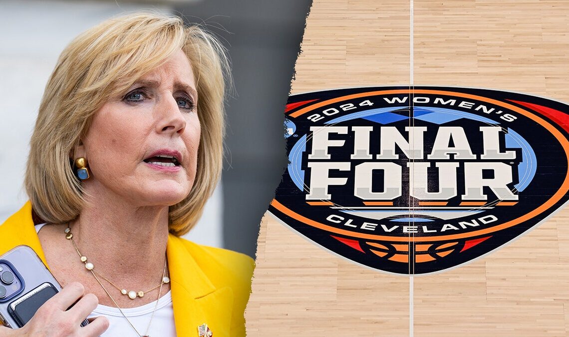 A split image of Rep. Claudia Tenney, a white woman with blonde hair, and the NCAA women's final four logo