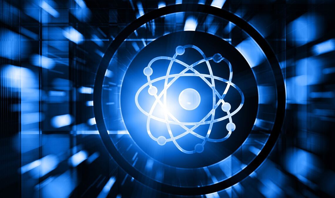 A blue atom swirls scientifically