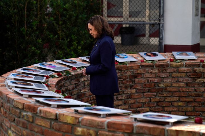 Vice President Kamala Harris, seen in March 2024, views a memorial to the 17 people who were killed in 2018 at Marjory Stoneman Douglas High School in Parkland, Florida.