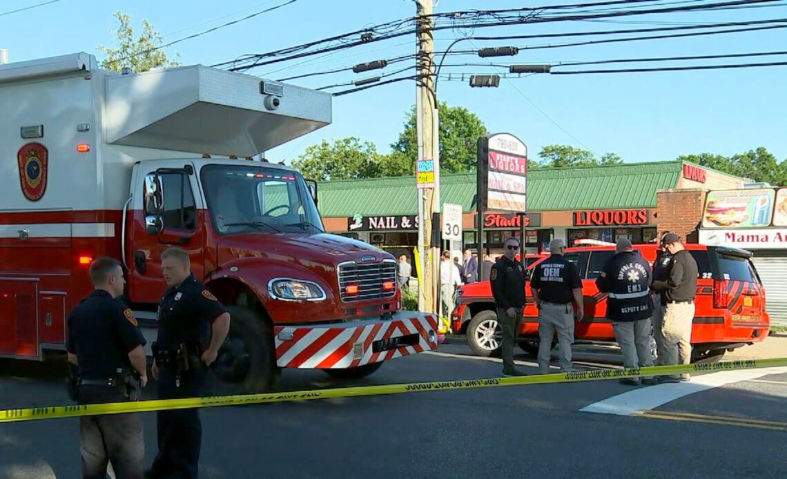 PHOTO: Authorities respond after a vehicle crashed into a building in Deer Park, New York, June 28, 2024.