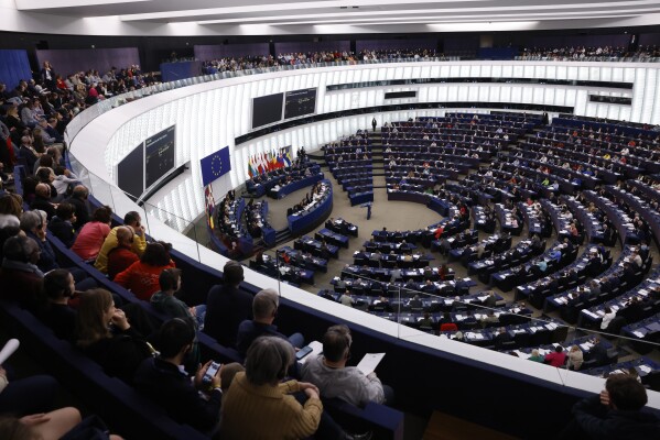 FILE - European Parliament members attend the last session before the upcoming European elections, on April 25, 2024 at the European Parliament in Strasbourg, eastern France. Some 400 million EU citizens go to the polls this weekend to elect the members of the European Parliament in one of the biggest global democratic events. (AP Photo/Jean-Francois Badias, File)