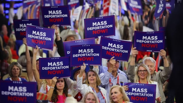 Signs say, "Mass deportation now"