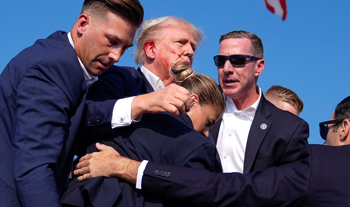 Secret Service surround a bloody Trump