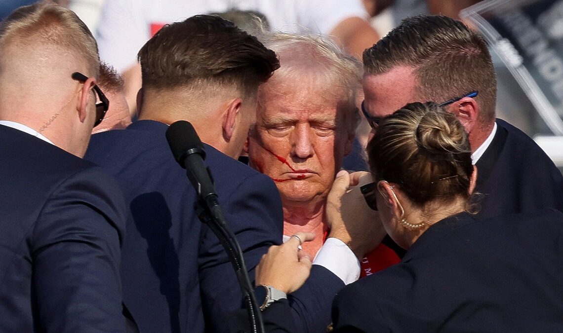 Donald Trump gestures with a bloodied face as multiple shots rang out during a campaign rally