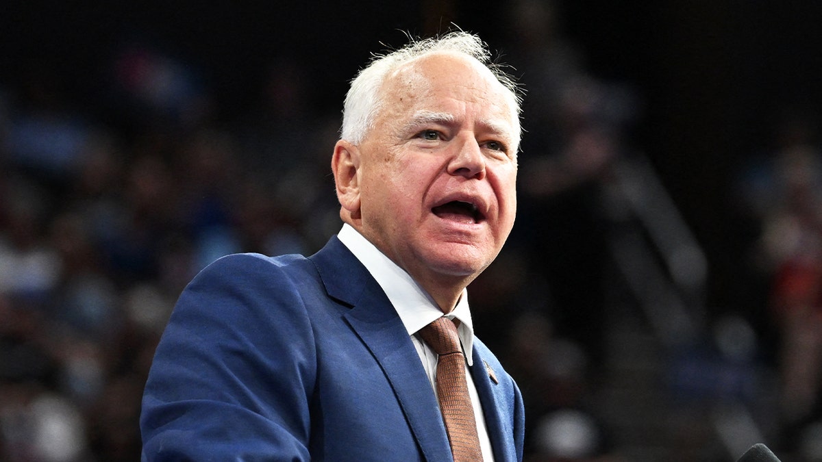 Minnesota Gov. Tim Walz speaks during a campaign event at Desert Diamond Arena in Glendale, Arizona, on Aug. 9, 2024.