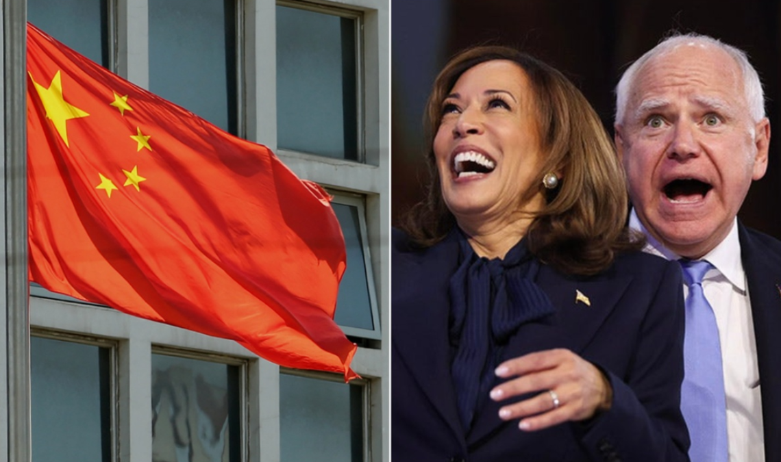 photo split: Chinese flag, left; Walz and Harris at DNC, right