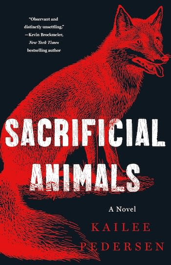 The cover for the novel Sacrificial Animals, featuring a bright red fox illustration against a black background