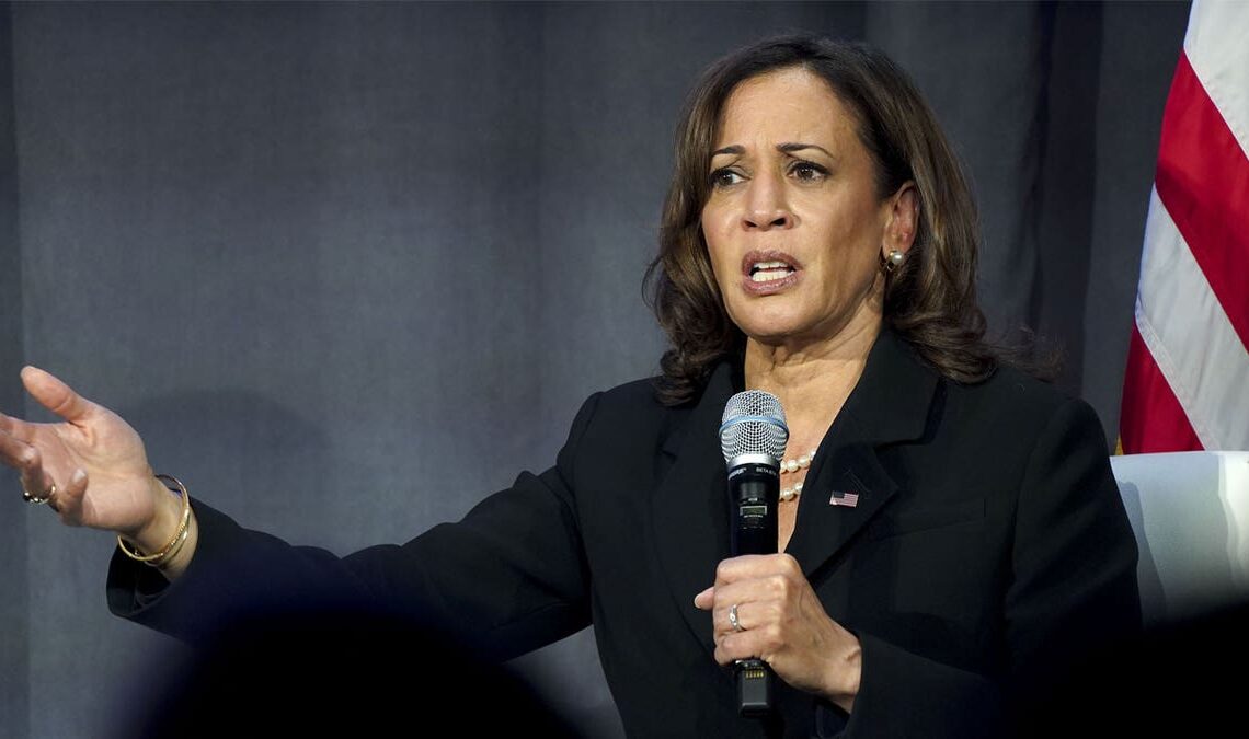 Kamala Harris dressed in all black holds mic during event