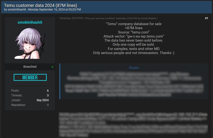 Threat actor's post on BreachForums