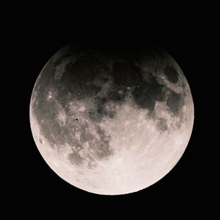 a close up view of the moon being partially eclipsed by Earth's shadow and a small bat flying overhead.