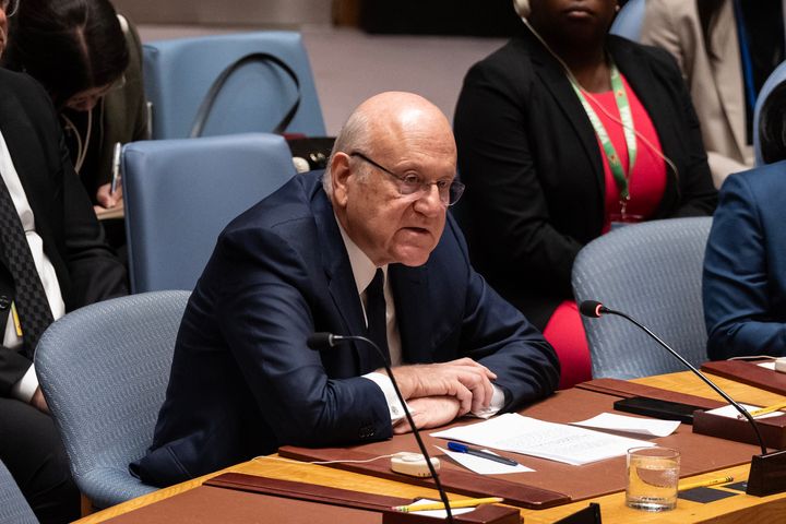 Lebanese Prime Minister Najib Azmi Mikati speaks during a United Nations Security Council meeting on the Middle East regarding Israeli attacks into the country.