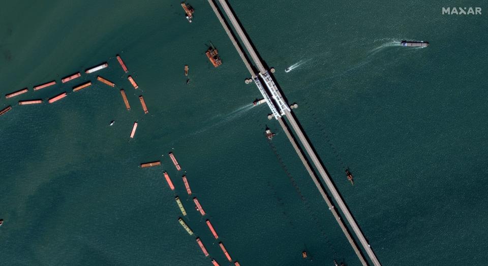 Close-up view of barriers and ship traffic near the Kerch Bridge on September 28.