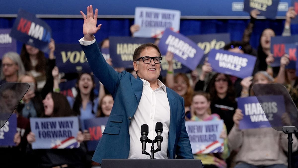 Mark Cuban speaks at a campaign rally for Vice President Kamala Harris at the University of Wisconsin La Crosse, in Wisconsin, Thursday, Oct. 17, 2024.