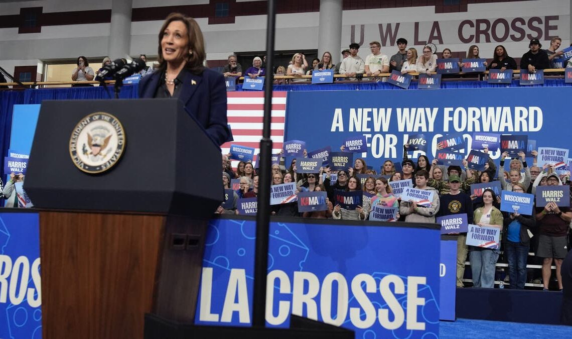 Vice President Kamala Harris speaks during a campaign rally at the University of Wisconsin La Crosse, Thursday, Oct. 17, 2024.