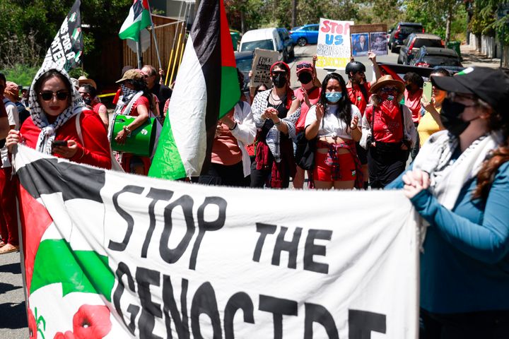 Protestors in support of a ceasefire in the Gaza war protest a visit by the Harris campaign in Oakland, California.