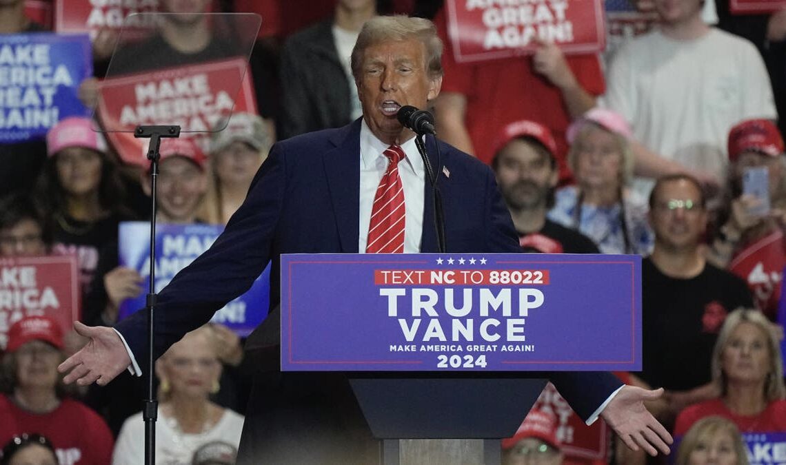 Republican presidential nominee former President Donald Trump speaks at a campaign rally at Rocky Mount Event Center, Wednesday, Oct. 30, 2024, in Rocky Mount, N.C. (AP Photo/Steve Helber)