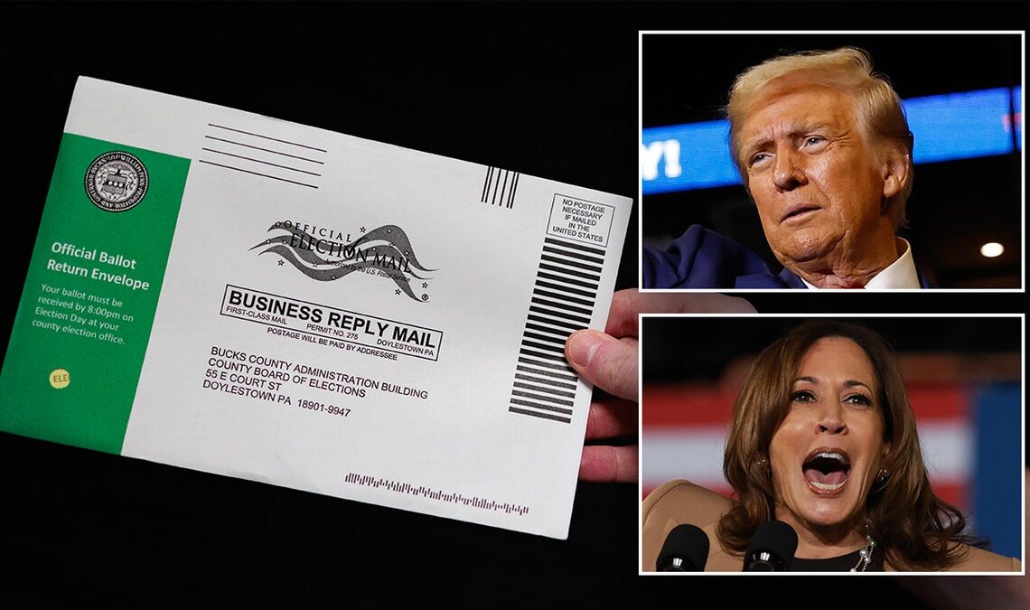 A Mail-in ballot next to Trump and Harris