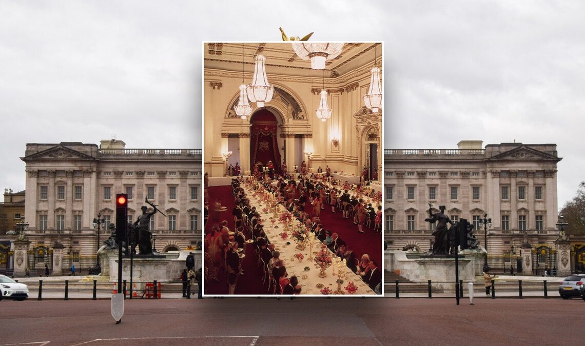 A state banquet in Buckingham Palace in front of an exterior photo of the royal palace