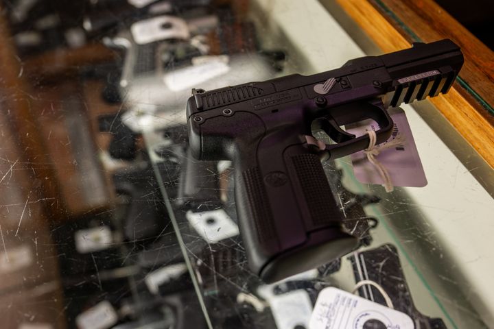 A semi-automatic pistol is seen displayed in the McBride Guns Inc. store on Aug. 25, 2023, in Austin, Texas.